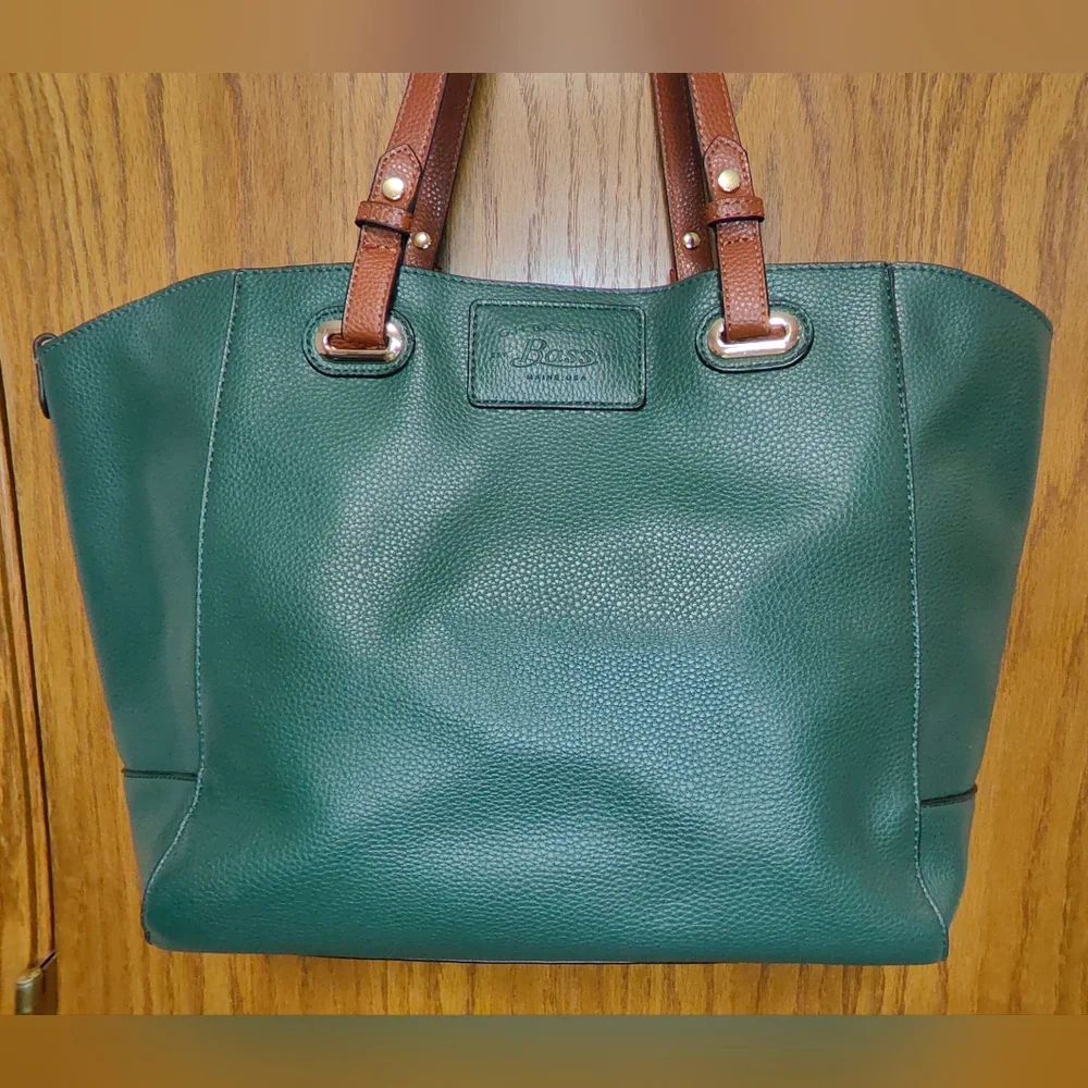 GH Bass & Co Green & Brown Tote Bag Purse w/ Zipper Pouch
